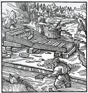 Engraving from De re metallica (On the nature of metals), by Georg Pawer or Georgius Agricola (1494-1555) بواسطة المدرسة الألمانية