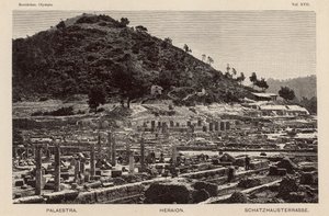 أعمال التنقيب في موقع أولمبيا القديم ، اليونان: Palaestra ومعبد Hera والخزانات (نقش) بواسطة المدرسة الألمانية