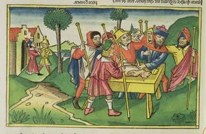 خروج 12 الفصح الأول ، من الكتاب المقدس نورمبرغ (Biblia Sacra Germanaica) (قطع خشبية ملونة) بواسطة المدرسة الألمانية