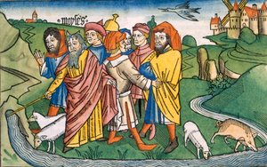خروج 17 1-7 موسى يجعل تدفق المياه من صخور حارب ، من الكتاب المقدس نورمبرغ (Biblia Sacra Germanaica) (قطع خشبية ملونة) بواسطة المدرسة الألمانية