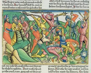 سفر الخروج 17 8-15 آرون وهور يدعمان أيدي موسى لضمان فوز الإسرائيليين على العمالقة ، من الكتاب المقدس نورمبرغ (Biblia Sacra Germanaica) (قطع خشبية ملونة)