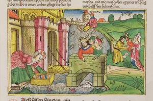 نزوح 2 1-6 يعوم موسى في النيل ويكتشفه أحد زوجات الفراعنة ، من الكتاب المقدس نورمبرغ (Biblia Sacra Germanaica) (قطع خشبية ملونة) بواسطة المدرسة الألمانية