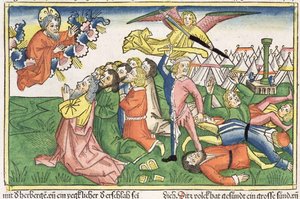 نزوح 32 15-23 موسى كسر الألواح الحجرية ، من الكتاب المقدس نورمبرغ (Biblia Sacra Germanaica) (قطع خشبية ملونة) بواسطة المدرسة الألمانية