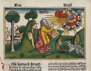 خروج 34 1-10 موسى يتلقى اللوح الثاني مع الوصايا العشر ، من الكتاب المقدس نورمبرغ (Biblia Sacra Germanaica) (قطع خشبية ملونة) بواسطة المدرسة الألمانية