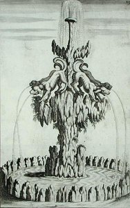 نافورة بها كلاب ، من "أركيتكتورا كوريوسا نوفا" ، بقلم جورج أندرياس بوكلر (1617-1685) ، نُشرت عام 1704 (نقش) بواسطة المدرسة الألمانية