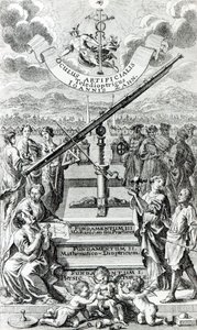 Frontispiece to Oculus Artificialis Teledioptricus Sive Telescopium بواسطة يوهان زان ، الطبعة الثانية التي نشرت في عام 1702 بواسطة المدرسة الألمانية