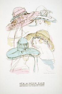 "Fur Schone Tage"، إعلان عن القبعات الصيفية من ريجينا فريدلاندر، من ستايل، طبعة عام 1922 (طبعة بوشية) بواسطة المدرسة الألمانية