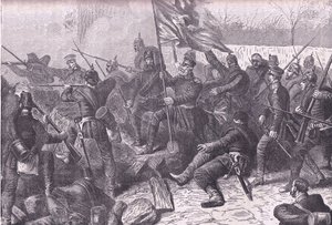 الجنرال فون بودريتسكي يقود الهجوم على Le Bourget ، Cassells History of the War بين فرنسا وألمانيا الذي نشرته Cassell and Company Limited ، c1890 (litho) بواسطة المدرسة الألمانية