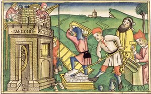 تكوين 11 1-9 بناء برج بابل ، من الكتاب المقدس نورمبرغ (Biblia Sacra Germanaica) (قطع خشبية ملونة) بواسطة المدرسة الألمانية