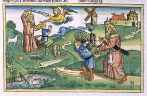 تكوين 21 1-14 أبراهام يقدم إسحاق ، من الكتاب المقدس نورمبرغ (Biblia Sacra Germanaica) (قطع خشبية ملونة) بواسطة المدرسة الألمانية