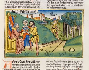 تكوين 27 6-29 ينال يعقوب بركة إسحاق ، من الكتاب المقدس نورمبرغ (Biblia Sacra Germanaica) (قطع خشبية ملونة) بواسطة المدرسة الألمانية
