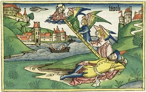 تكوين 28 10 سلم جاكوبس ، من الكتاب المقدس نورمبرغ (Biblia Sacra Germanaica) (قطع خشبية ملونة) بواسطة المدرسة الألمانية
