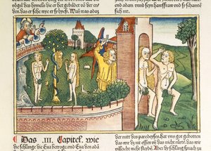 تكوين 3 1-24 الإغراء والطرد من الجنة ، من الكتاب المقدس نورمبرغ (Biblia Sacra Germanaica) (قطع خشبية ملونة) بواسطة المدرسة الألمانية
