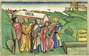 تكوين 49: 28-33 دفن يعقوب ، من الكتاب المقدس نورمبرغ (Biblia Sacra Germanaica) (قطع خشبية ملونة) بواسطة المدرسة الألمانية