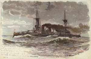 سفينة حربية ألمانية SMS Weissenburg ، أواخر القرن التاسع عشر أو أوائل القرن العشرين (لون ليثو) بواسطة المدرسة الألمانية