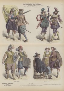 German military and bourgeois costumes, early 17th Century (coloured engraving) بواسطة المدرسة الألمانية