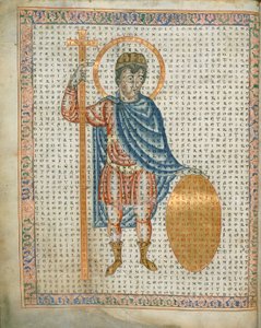 هارلي 3045 الصفحة 2 ، الإمبراطور لويس الأول ، الورع ، يحمل صليبًا ودرعًا ، من De Laudibus Sancte Crucis ، حوالي 1170-79 (ورق) ؛ بواسطة المدرسة الألمانية