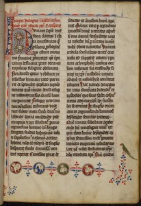Harley 3973 f.1 ، الحرف الأول المأهول بالسكان (umane) مع مخلوقات هجينة وقلم مزدهر يشكل حدودًا ثلاثية الجوانب (رق) بواسطة المدرسة الألمانية
