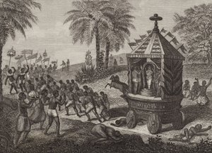 مصلون هندوس يجرون سيارة الطاغوت في الهند القديمة. رسم توضيحي لبلدر أطلس (نقش) بواسطة المدرسة الألمانية