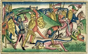 I Kings 15 16 الحرب بين آسا وباشا ، من الكتاب المقدس نورمبرغ (Biblia Sacra Germanaica) (قطع خشبية ملونة) بواسطة المدرسة الألمانية