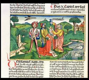 أنا صموئيل 10 تتويج ومسح شاول ، من الكتاب المقدس نورمبرغ (Biblia Sacra Germanaica) (قطع خشبية ملونة)
