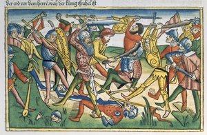 أنا صموئيل 28 1-2 حرب الفلسطينيين ضد إسرائيل ، من الكتاب المقدس نورمبرغ (Biblia Sacra Germanaica) (قطع خشبية ملونة) بواسطة المدرسة الألمانية