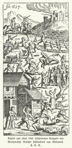 رسم توضيحي من طبعة 1645 من عمل الكاتب الألماني يوهان مايكل موشيروش الساخر Wunderliche und Wahrhrachtige Gesichte Philanders von Sittewald (رؤى رائعة وحقيقية لفيلاندر فون سيتوالد) (ليثو) بواسطة المدرسة الألمانية