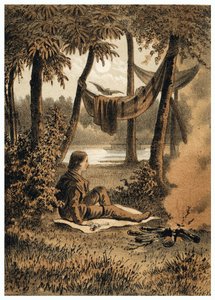 رسم توضيحي لغزو الأوروبيين لنهر الأمازون ، وإقامة معسكر بالقرب من النهر. في "" De Bootslieden der Amazon-river "، كارل مولر ، هولندا بواسطة المدرسة الألمانية