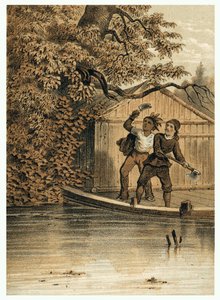 رسم توضيحي لغزو الأوروبيين لنهر الأمازون. في "De Bootslieden der Amazon-River" ، كارل مولر ، هولندا بواسطة المدرسة الألمانية