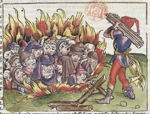 حرق اليهود على المحك ، من نورنبرغ كرونيكل بقلم هارتمان شيدل (1440-1514) ، 1493 (قطع خشبية ملونة) بواسطة المدرسة الألمانية