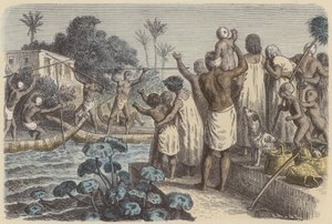 المبارزة بالمراكب في مصر القديمة (نقش ملون) بواسطة المدرسة الألمانية