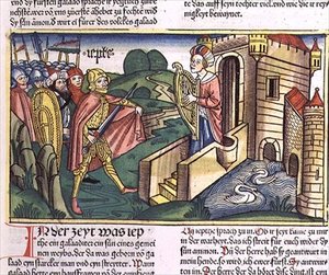 القضاة 11 29-40 ابنة يفتاح تحيي والدها ، من "نورمبرغ الكتاب المقدس (Biblia Sacra Germanaica)" (نقش خشبي ملون) بواسطة المدرسة الألمانية
