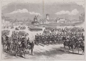 Kaiser Wilhelm I of Germany watching his army parade at Longchamp, Paris, France, March 1871 (engraving) بواسطة المدرسة الألمانية