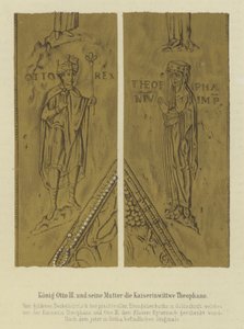King Otto III and his mother Theophania, Empress Consort of Otto II, Holy Roman Emperor (colour litho) بواسطة المدرسة الألمانية
