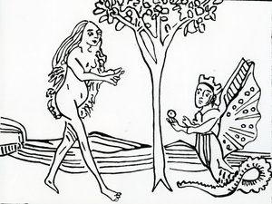 ليليث ، المجنحة والمتوجة ، وذيل الثعبان ، تقدم التفاحة إلى حواء ، من `` Speculum Humanae Salvationis &39;&39; ، بعد النسخة الأصلية لعام 1470 بواسطة المدرسة الألمانية