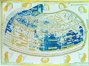 خريطة العالم ، بناءً على الأوصاف والإحداثيات الواردة في "Geographia" ، بواسطة بطليموس (كلوديوس بطليموس الإسكندري) (90-168 م) ، نُشرت في أولم ، ألمانيا بواسطة المدرسة الألمانية