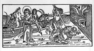 استشهاد القديس بوليكاربوس من سميرنا (69-155) ، إيفيك. نقش من "Leben der Heiligen - Sommsteil (كتاب القديس)" ليعقوب (جيمس) من Voragine (1228-1298) بواسطة المدرسة الألمانية