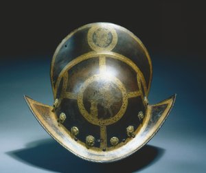 Morion of the State Guard of the State of Elector Christian I of Saxony، Nuremberg، c.1580-91 (فولاذ روسي محفور ومذهب) بواسطة المدرسة الألمانية