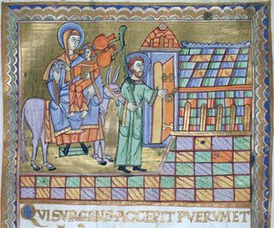 السيدة كزارت. 1207 IV ، fol.6r الرحلة إلى مصر ، من Evangeliarium بكاتدرائية بلوك ، ج .1075 بواسطة المدرسة الألمانية