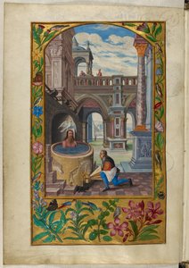 السيدة هارلي 3469 ، f.21v رجل يستحم في فناء ، المثل السابع ، من "سبلندور سوليس" لسالومون تريزموسين بواسطة المدرسة الألمانية