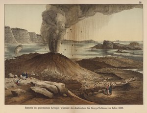 نيا كاميني ، جزيرة بركانية في كالديرا بجزيرة سانتوريني اليونانية بعد ثوران البركان عام 1866 (لون ليثو) بواسطة المدرسة الألمانية