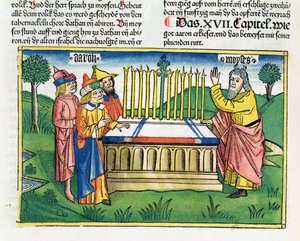أرقام 17 1-11 موظفو آرون يزهرون على المذبح ، من الكتاب المقدس نورمبرغ (Biblia Sacra Germanaica) (قطع خشبية ملونة) بواسطة المدرسة الألمانية