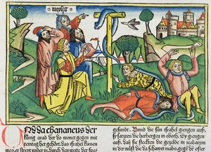 أرقام 21 4-9 الثعابين السامة لدغة الإسرائيليين المتمردين ، من الكتاب المقدس نورمبرغ (Biblia Sacra Germanaica) (قطع خشبية ملونة) بواسطة المدرسة الألمانية