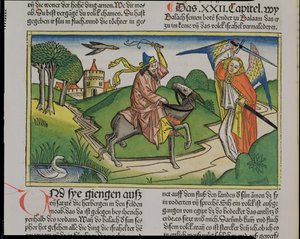 أرقام 22 20-35 بلعامس يتحدث الحمار ، من الكتاب المقدس نورمبرغ (Biblia Sacra Germanaica) (قطع خشبية ملونة) بواسطة المدرسة الألمانية
