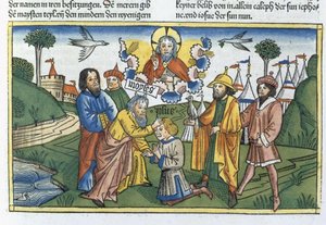 أرقام 27 18-23 موسى يضع يده على جوشوا ، من الكتاب المقدس نورمبرغ (Biblia Sacra Germanaica) (قطع خشبية ملونة) بواسطة المدرسة الألمانية