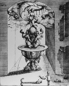 نافورة زينة ، من 'Architectura Curiosa Nova ، بقلم جورج أندرياس بوكلر (1617-85) ، نُشرت عام 1704 (نقش) (صورة بالأبيض والأسود) بواسطة المدرسة الألمانية