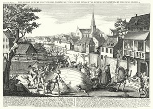 الفلاحون يهاجمون منطاد جاك تشارلز وروبرت براذرز بعد سقوطه في غونيس ، 27 أغسطس 1783 (نقش) بواسطة المدرسة الألمانية