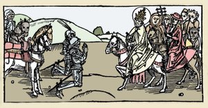 البابا ليون الأول يلتقي أتيلا والأريتي - الغزوات البربرية - نقش من "Leben der Heiligen - sommerteil" (كتاب القديس) ليعقوب (جيمس) من فوراجين (1228-1298). لوبيك 1488. بواسطة المدرسة الألمانية