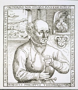 صورة لثيوثراستوس باراسيلسوس (1493-1541) ، نسخة من رسم توضيحي من كتابه Astronomica et Astrologica Pouscula ، كولونيا 1567 ، المستخدم في تاريخ السحر ، نشر في أواخر القرن التاسع عشر (woodc بواسطة المدرسة الألمانية