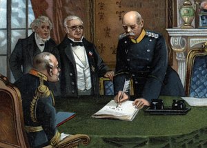 معاهدة السلام الأولية المؤرخة 26 فبراير 1871 الموقعة في فرساي ، نهاية الحرب الفرنسية البروسية بين رئيس السلطة التنفيذية للجمهورية ، السيد أدولف تيير ، ووزير الخارجية السيد جول فافر ، ممثلي فرنسا ، بواسطة المدرسة الألمانية